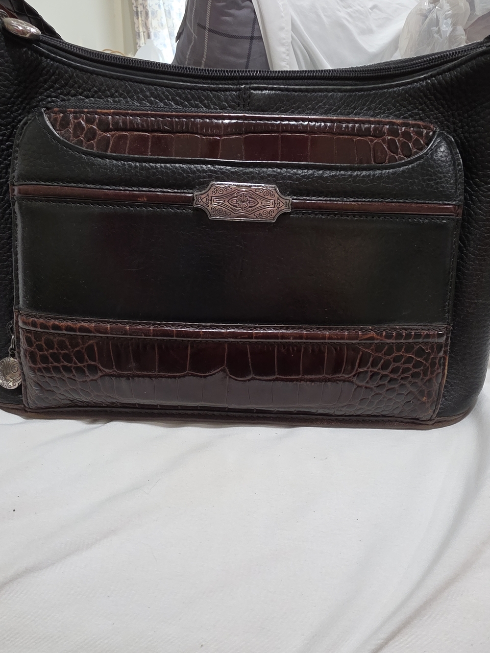 Brighton Vintage Black and Dark Brown Leather Shoulder Bag